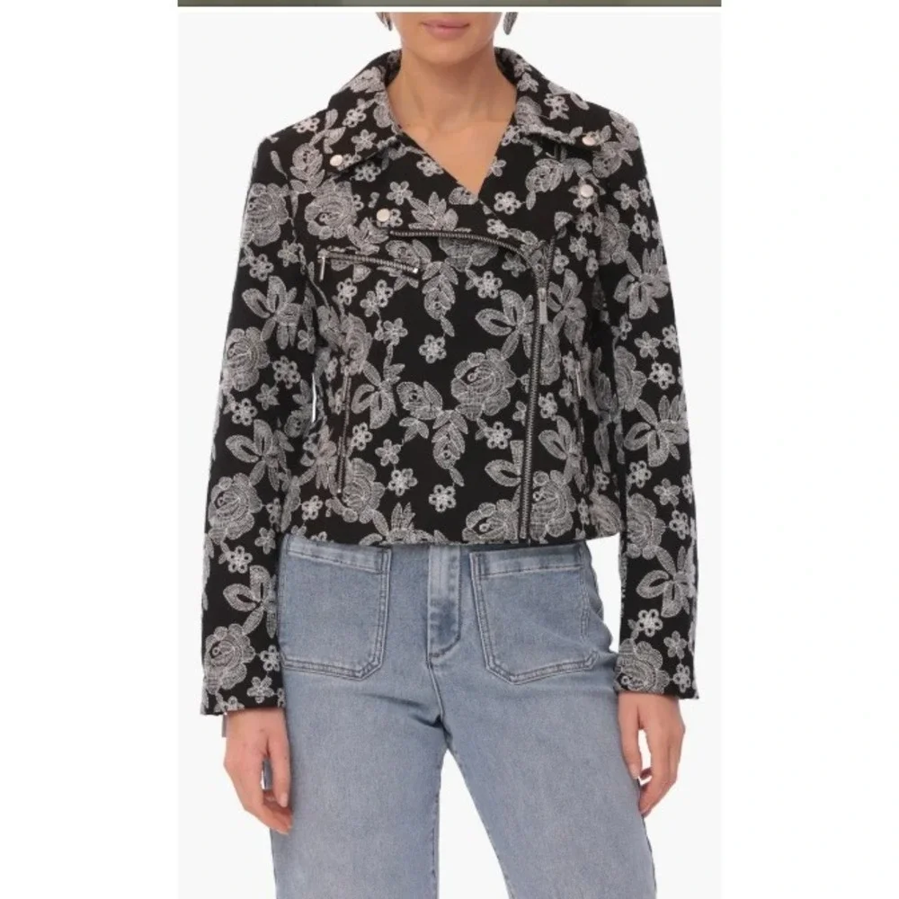 Bagatelle Floral Embroidery Cotton Moto Jacket Size Medium